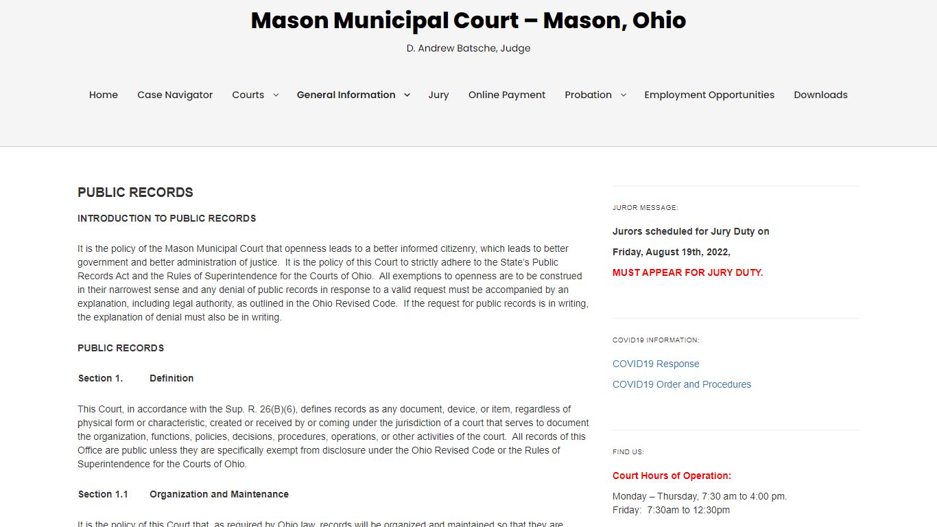 PUBLIC RECORDS – Mason Municipal Court – Mason, Ohio